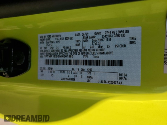 2022 Ford F-150 XL with VIN 1FTMF1EB3NKE01585, listed as a Copart auction lot 68897514 with 29,951 mi miles and Salvage title. Bid and sale history available at DreamBid. Image 14.