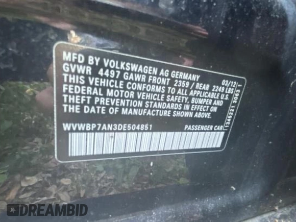 2013 Volkswagen CC Sport with VIN WVWBP7AN3DE504851, listed as a Copart auction lot 62174375 with 104,533 mi miles and Salvage title. Bid and sale history available at DreamBid. Image 10.