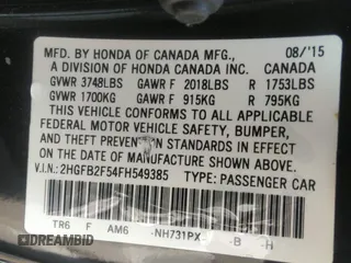 2015 Honda Civic LX with VIN 2HGFB2F54FH549385, listed as a IAAI auction lot 42123750 with 132,500 mi miles and . Bid and sale history available at DreamBid. Image 9.
