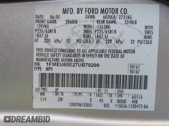 2007 Ford Explorer Limited с VIN 1FMEU65E27UB79299, выставлен на аукционе IAAI как лот 42528844 с пробегом 145 723 миль миль и . История ставок и продаж доступна на DreamBid. Изображение 9.