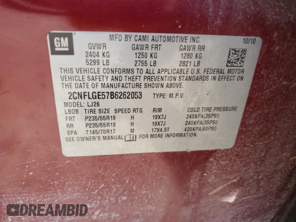 2011 Chevrolet Equinox LTZ with VIN 2CNFLGE57B6262053, listed as a Copart auction lot 49962125 with 195,468 mi miles and Non Repairable. Bid and sale history available at carsss.com. Image 12.