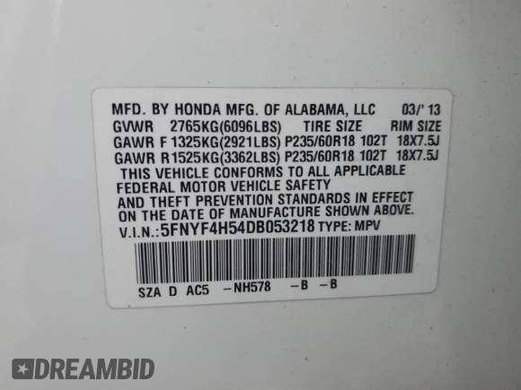 2013 Honda Pilot EX-L with VIN 5FNYF4H54DB053218, listed as a Copart auction lot 50516835 with 154,199 mi miles and Salvage Title. Bid and sale history available at carsss.com. Image 16.
