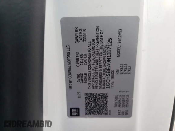 2022 Chevrolet Colorado 2WD Work Truck с VIN 1GCHSBEA9N1317125, выставлен на аукционе Copart как лот 57149745 с пробегом 59 280 миль миль и Списание • Salvage title. История ставок и продаж доступна на DreamBid. Изображение 13.