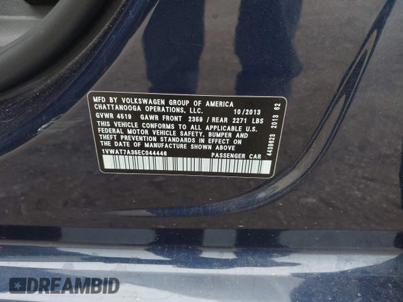 2014 Volkswagen Passat Wolfsburg Edition with VIN 1VWAT7A35EC044446, listed as a IAAI auction lot 42558007 with 165,285 mi miles and . Bid and sale history available at DreamBid. Image 9.