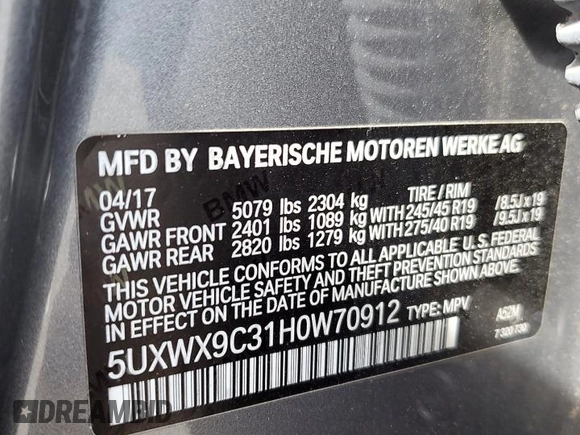 2017 BMW X3 xDrive28i with VIN 5UXWX9C31H0W70912, listed as a Copart auction lot 48392275 with 69,908 mi miles and Salvage Title. Bid and sale history available at DreamBid. Image 14.