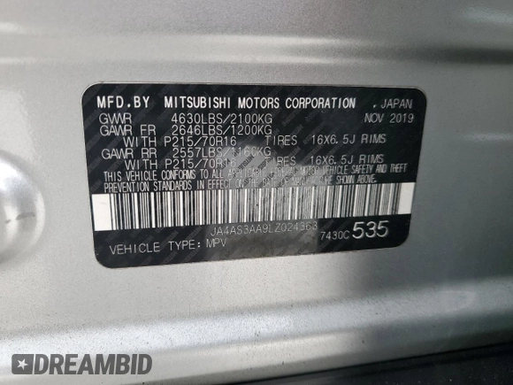 2020 Mitsubishi Eclipse Cross ES with VIN JA4AS3AA9LZ024363, listed as a Copart auction lot 52808875 with 105,635 mi miles and Non repairable. Bid and sale history available at DreamBid. Image 13.