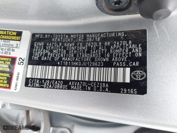 2018 Toyota Camry LE with VIN 4T1B11HK0JU129623, listed as a IAAI auction lot 41902335 with 100,643 mi miles. Bid and sale history available at carsss.com. Image 9.