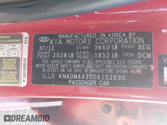 2013 Kia Rio LX with VIN KNADM4A30D6152690, listed as a IAAI auction lot 41966042 with 102,572 mi miles. Bid and sale history available at carsss.com. Image 9.