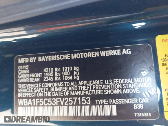 2015 BMW 2 Series 228i with VIN WBA1F5C53FV257153, listed as a IAAI auction lot 41294335 with 99,919 mi miles. Bid and sale history available at carsss.com. Image 9.