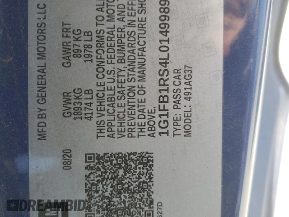 2020 Chevrolet Camaro 1LT with VIN 1G1FB1RS4L0149989, listed as a Copart auction lot 53254415 with Not provided miles and Salvage title. Bid and sale history available at DreamBid. Image 13.