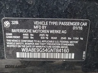 2016 BMW 3 Series 328i with VIN WBA8E9G54GNT84160, listed as a IAAI auction lot 41920657 with 123,492 mi miles. Bid and sale history available at carsss.com. Image 9.