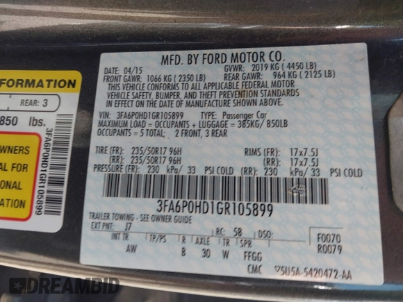 2016 Ford Fusion SE with VIN 3FA6P0HD1GR105899, listed as a IAAI auction lot 41812161 with 103,269 mi miles. Bid and sale history available at carsss.com. Image 9.