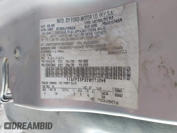2002 Ford Focus LX with VIN 1FAFP33P32W213899, listed as a IAAI auction lot 41429184 with Not Provided miles and . Bid and sale history available at DreamBid. Image 9.