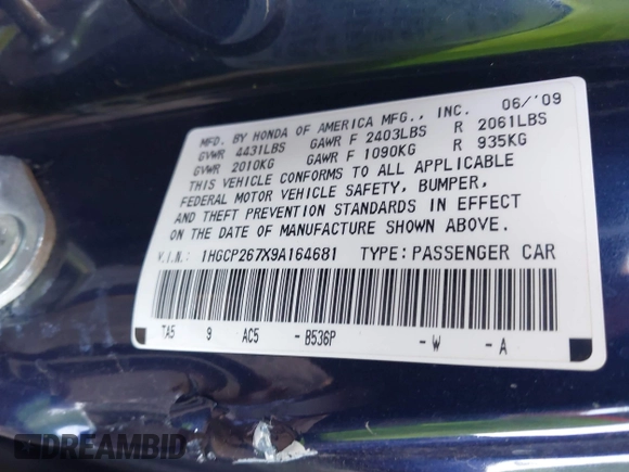2009 Honda Accord EX with VIN 1HGCP267X9A164681, listed as a IAAI auction lot 42443538 with Not provided miles and . Bid and sale history available at DreamBid. Image 9.