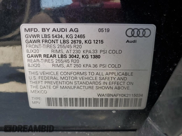 2019 Audi Q5 Premium Plus with VIN WA1BNAFY0K2115034, listed as a Copart auction lot 58176075 with 78,705 mi miles and Non repairable. Bid and sale history available at DreamBid. Image 13.