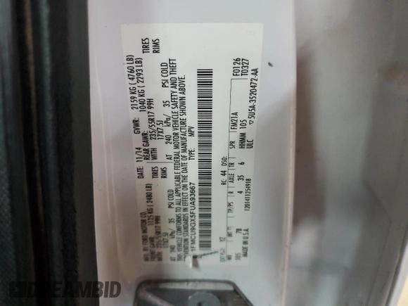 2015 Ford Escape SE with VIN 1FMCU9GX5FUA93667, listed as a Copart auction lot 89049845 with 156,799 mi miles and Salvage Title. Bid and sale history available at DreamBid. Image 15.