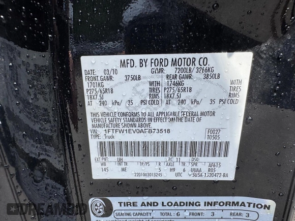 2010 Ford F-150 XL with VIN 1FTFW1EV0AFB73518, listed as a Copart auction lot 62685025 with 125,449 mi miles and Clean title. Bid and sale history available at DreamBid. Image 10.