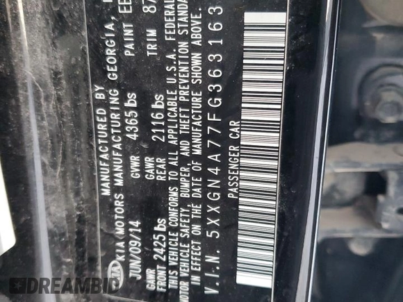 2015 Kia Optima EX with VIN 5XXGN4A77FG363163, listed as a Copart auction lot 88054885 with 100,645 mi miles and Salvage Title. Bid and sale history available at carsss.com. Image 12.