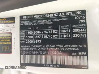 2016 Mercedes-Benz GLE 450 AMG with VIN 4JGED6EB3GA018404, listed as a IAAI auction lot 42050514 with 181,816 mi miles and . Bid and sale history available at DreamBid. Image 9.