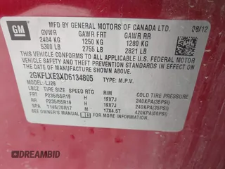 2013 GMC Terrain SLT with VIN 2GKFLXE3XD6134805, listed as a IAAI auction lot 41066129 with 143,879 mi miles and . Bid and sale history available at DreamBid. Image 9.