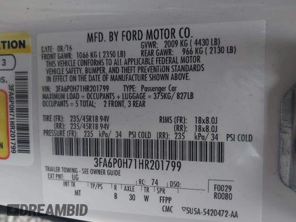 2017 Ford Fusion SE z VIN 3FA6P0H71HR201799, wystawiony jako IAAI lot #41346018 z przebiegiem 51 126 mil mil oraz . Historia ofert i sprzedaży dostępna na DreamBid. Obrazek 9.