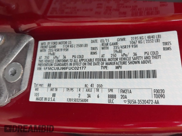2015 Ford Escape Titanium with VIN 1FMCU9J96FUC02177, listed as a IAAI auction lot 42312928 with 100,716 mi miles and . Bid and sale history available at DreamBid. Image 9.