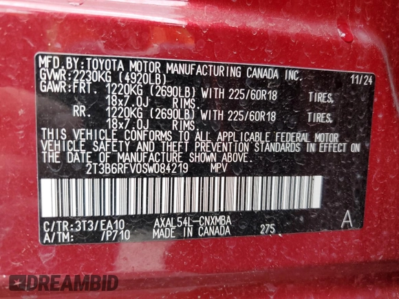2025 Toyota RAV4 Hybrid XLE Premium with VIN 2T3B6RFV0SW084219, listed as a Copart auction lot 56178785 with 10,726 mi miles and Salvage title. Bid and sale history available at DreamBid. Image 13.