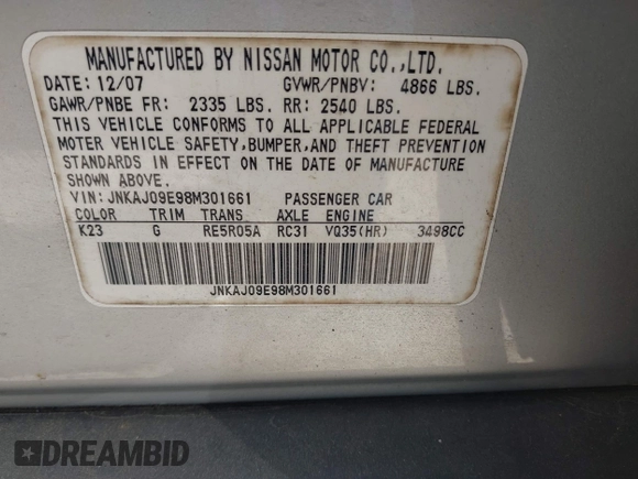 2008 Infiniti EX Journey with VIN JNKAJ09E98M301661, listed as a IAAI auction lot 41942661 with Not Provided miles and . Bid and sale history available at DreamBid. Image 9.