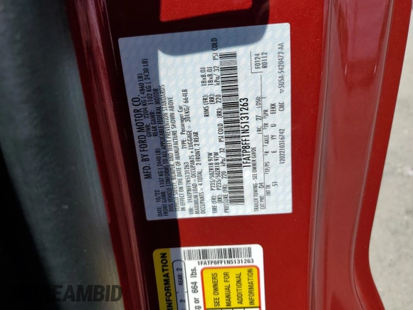 2022 Ford Mustang GT Premium with VIN 1FATP8FF1N5131263, listed as a Copart auction lot 59709614 with 3,692 mi miles and Salvage title. Bid and sale history available at DreamBid. Image 13.