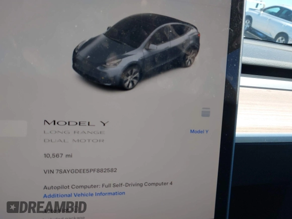 2023 Tesla Model Y Long Range with VIN 7SAYGDEE5PF882582, listed as a IAAI auction lot 42059015 with 10,567 mi miles and . Bid and sale history available at carsss.com. Image 18.