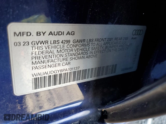 2023 Audi A3 Premium with VIN WAUAUDGY8PA101137, listed as a Copart auction lot 69938283 with 0 mi miles. Bid and sale history available at carsss.com. Image 12.