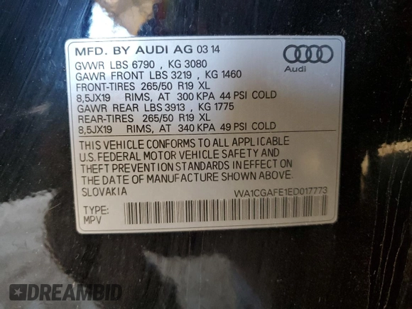 2014 Audi Q7 3.0T Premium with VIN WA1CGAFE1ED017773, listed as a Copart auction lot 49461585 with 121,075 mi miles and Salvage Title. Bid and sale history available at carsss.com. Image 14.