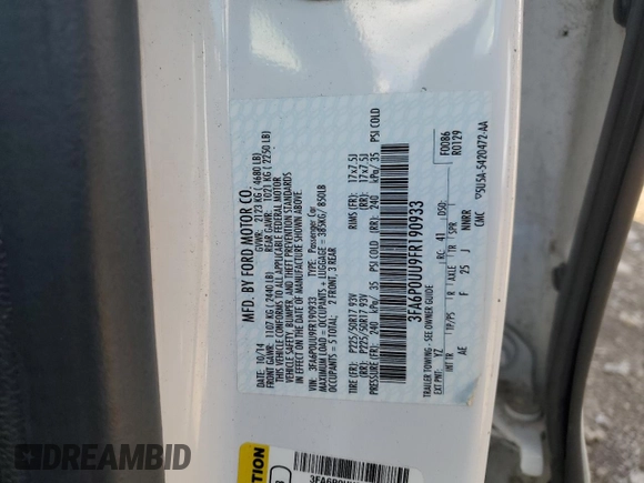2015 Ford Fusion S Hybrid with VIN 3FA6P0UU9FR190933, listed as a Copart auction lot 50123655 with 151,901 mi miles and Salvage Title. Bid and sale history available at carsss.com. Image 14.