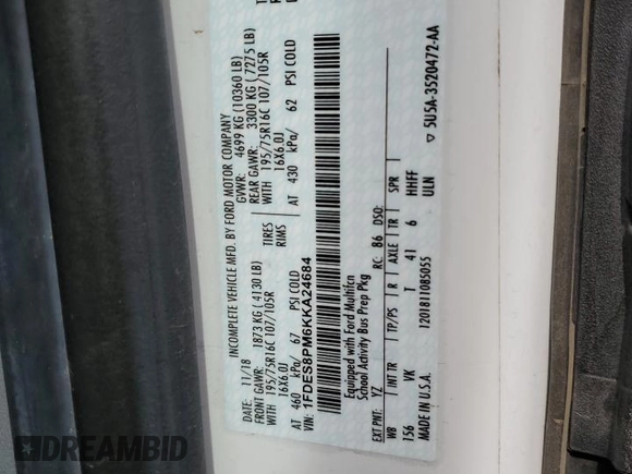 2019 Ford Transit z VIN 1FDES8PM6KKA24684, wystawiony jako Copart lot #58861745 z przebiegiem 67 564 mil mil oraz Szkoda całkowita • Salvage title. Historia ofert i sprzedaży dostępna na DreamBid. Obrazek 13.