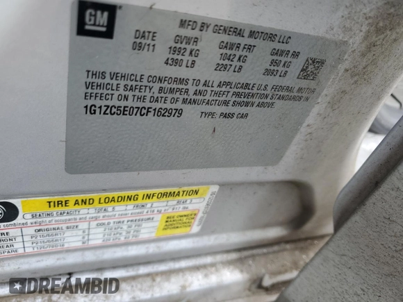 2012 Chevrolet Malibu 1LT with VIN 1G1ZC5E07CF162979, listed as a Copart auction lot 43870765 with 120,207 mi miles and Salvage Title. Bid and sale history available at DreamBid. Image 14.