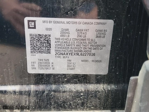 2020 Chevrolet Equinox Premier with VIN 2GNAXYEX9L6227016, listed as a Copart auction lot 43184995 with 136,241 mi miles and Salvage Title. Bid and sale history available at carsss.com. Image 14.