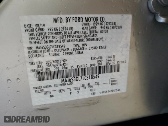2020 Ford EcoSport SE with VIN MAJ6S3GL7LC318549, listed as a Copart auction lot 48242785 with 44,624 mi miles and Salvage Title. Bid and sale history available at DreamBid. Image 14.