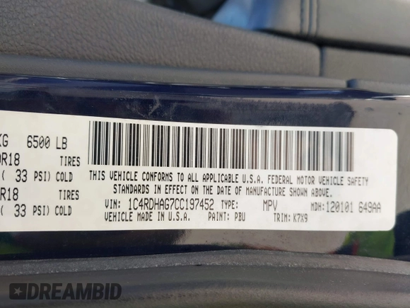 2012 Dodge Durango SXT with VIN 1C4RDHAG7CC197452, listed as a IAAI auction lot 42265707 with 217,252 mi miles and . Bid and sale history available at DreamBid. Image 9.