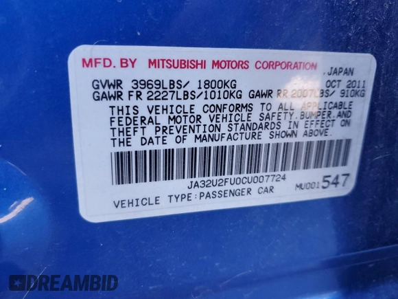 2012 Mitsubishi Lancer ES with VIN JA32U2FU0CU007724, listed as a Copart auction lot 71299034 with 151,978 mi miles and Salvage Title. Bid and sale history available at carsss.com. Image 12.