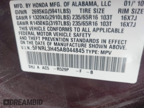 2010 Honda Odyssey EX with VIN 5FNRL3H45AB044845, listed as a IAAI auction lot 42353739 with 289,376 mi miles and . Bid and sale history available at DreamBid. Image 9.