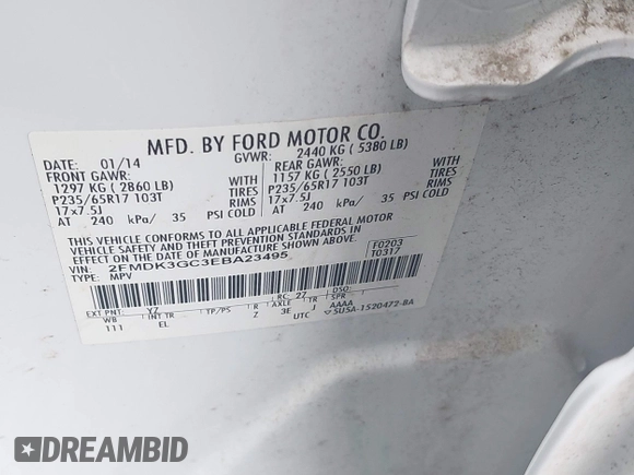 2014 Ford Edge SE с VIN 2FMDK3GC3EBA23495, выставлен на аукционе IAAI как лот 42370931 с пробегом 123 406 миль миль и . История ставок и продаж доступна на DreamBid. Изображение 9.