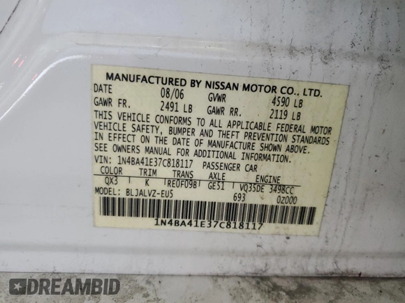 2007 Nissan Maxima SE with VIN 1N4BA41E37C818117, listed as a Copart auction lot 60942755 with 136,901 mi miles and Clean title. Bid and sale history available at DreamBid. Image 12.