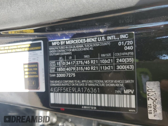 2020 Mercedes-Benz GLS with VIN 4JGFF5KE9LA176361, listed as a Copart auction lot 53380425 with 77,996 mi miles and Salvage Title. Bid and sale history available at carsss.com. Image 13.