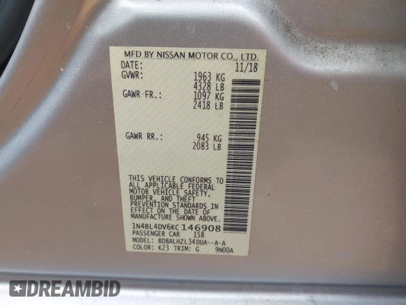 2019 Nissan Altima SV with VIN 1N4BL4DV6KC146908, listed as a IAAI auction lot 42342191 with 82,191 mi miles and . Bid and sale history available at DreamBid. Image 9.