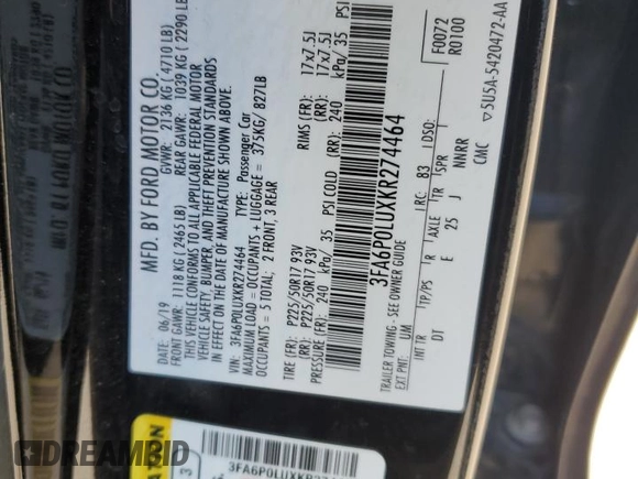 2019 Ford Fusion SE with VIN 3FA6P0LUXKR274464, listed as a Copart auction lot 54185115 with Not Provided miles and Salvage Title. Bid and sale history available at DreamBid. Image 12.