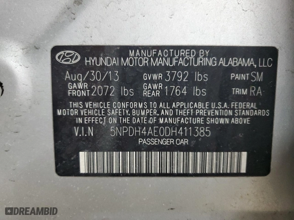 2013 Hyundai Elantra GLS with VIN 5NPDH4AE0DH411385, listed as a Copart auction lot 46824195 with 156,483 mi miles and Salvage Title. Bid and sale history available at carsss.com. Image 12.