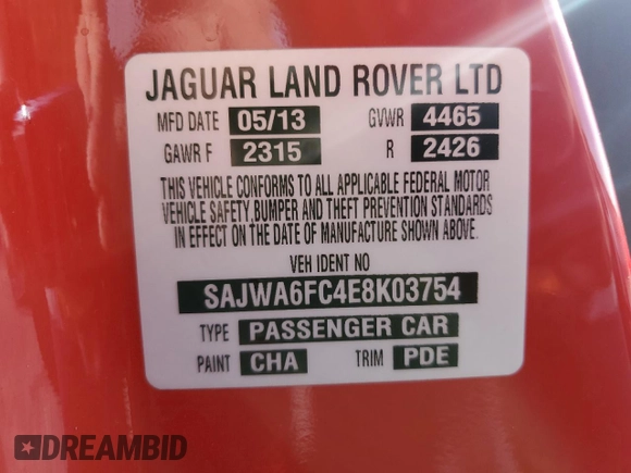 2014 Jaguar F-Type S with VIN SAJWA6FC4E8K03754, listed as a Copart auction lot 79201214 with 35,093 mi miles and Salvage Title. Bid and sale history available at DreamBid. Image 12.