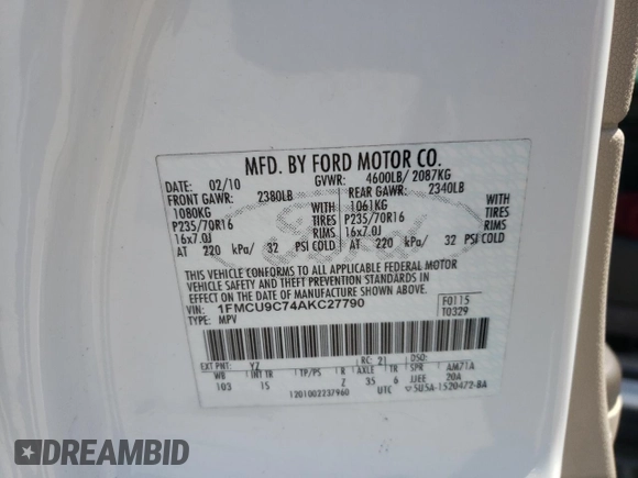 2010 Ford Escape XLS with VIN 1FMCU9C74AKC27790, listed as a Copart auction lot 53364055 with 163,298 mi miles and Salvage title. Bid and sale history available at DreamBid. Image 14.