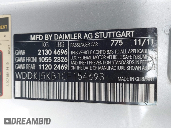 2012 Mercedes-Benz E 350 with VIN WDDKJ5KB1CF154693, listed as a IAAI auction lot 42077545 with 110,991 mi miles and . Bid and sale history available at DreamBid. Image 9.