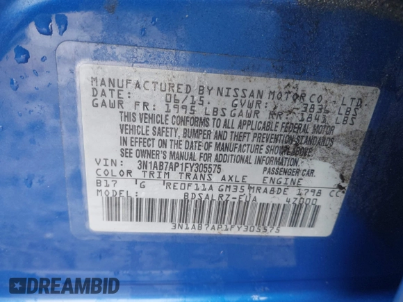 2015 Nissan Sentra SR with VIN 3N1AB7AP1FY305575, listed as a IAAI auction lot 41579764 with 96,506 mi miles and . Bid and sale history available at DreamBid. Image 9.